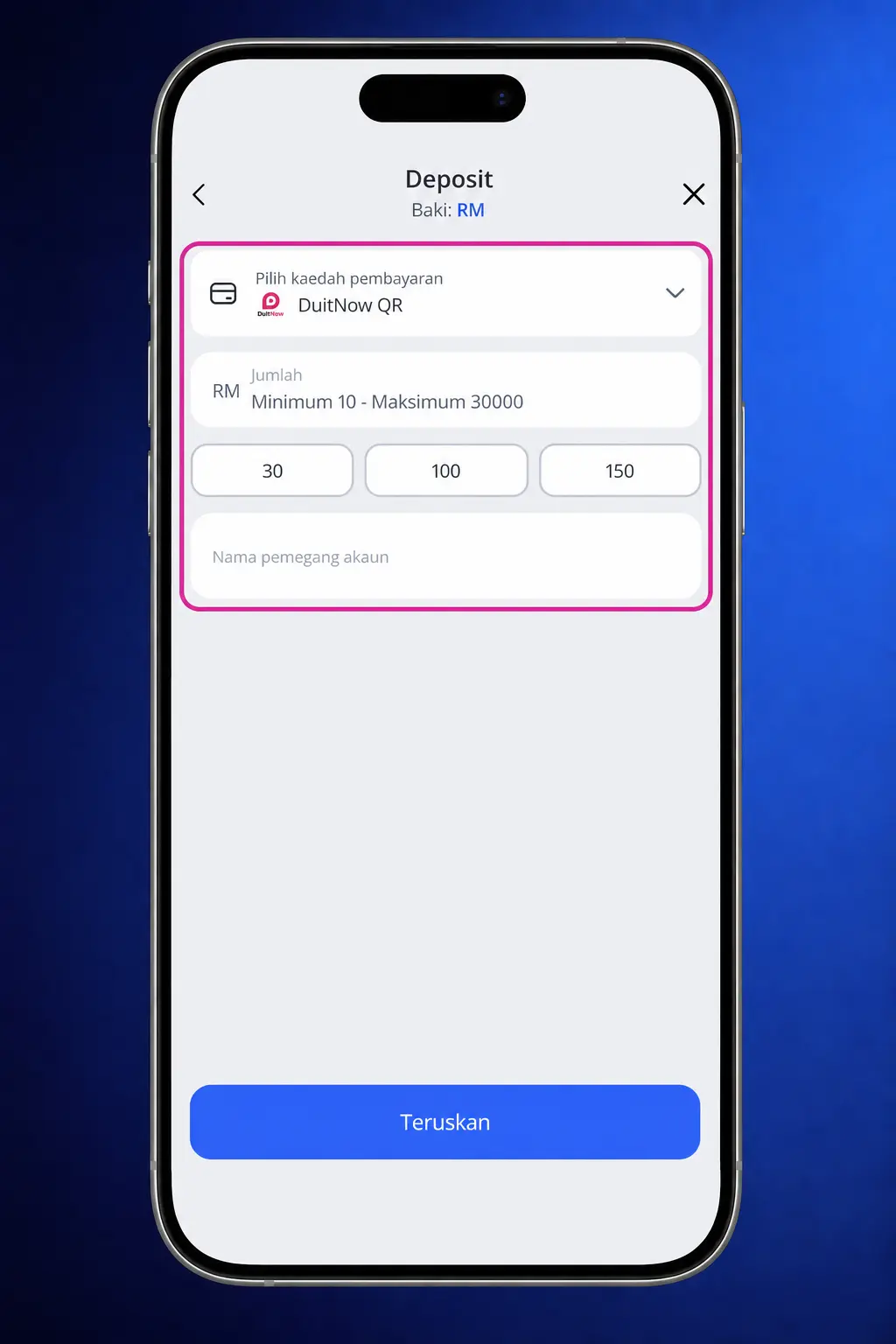 Glory Casino app deposit screen showing eWallet options like Touch 'n Go, GrabPay, and DuitNow QR for Malaysia users