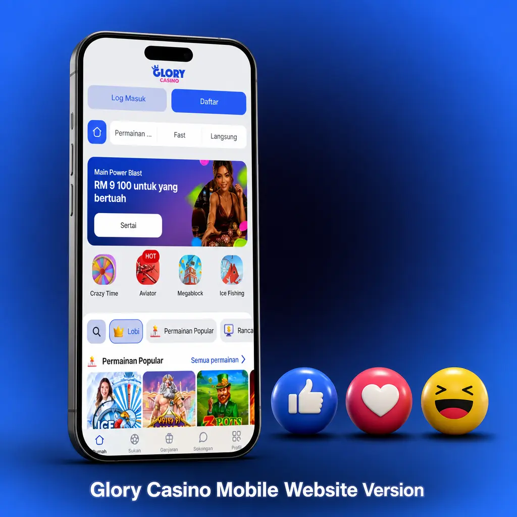 Glory Casino mobile website on smartphone showing sportsbook, live casino and cashier options, no download needed