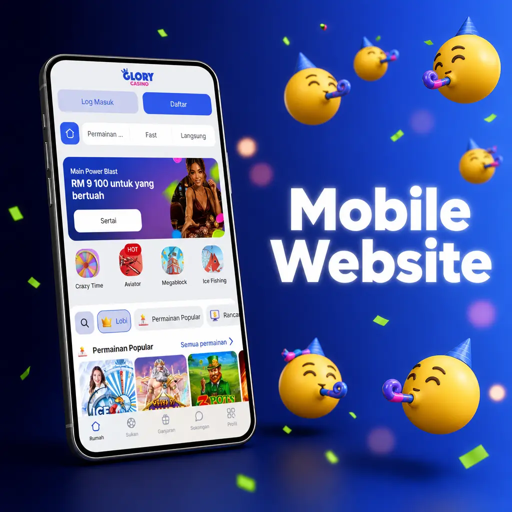 Glory Casino mobile website interface showing responsive layout with betting slip, game menu, and account features on a smartphone browser.