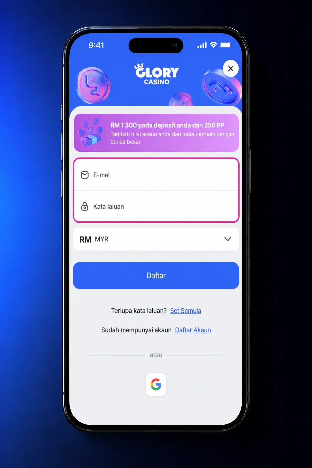 Step-by-step guide showing how to sign up for Glory Casino in 5 simple steps on desktop or mobile