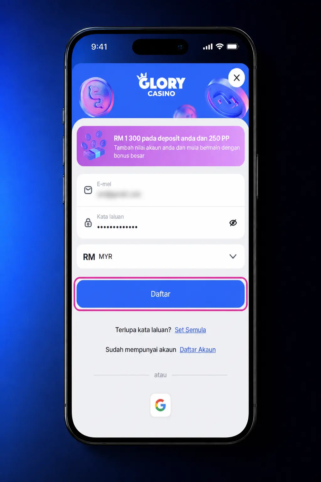 Step-by-step Glory Casino sign up guide showing 5 quick registration steps for MYR account creation