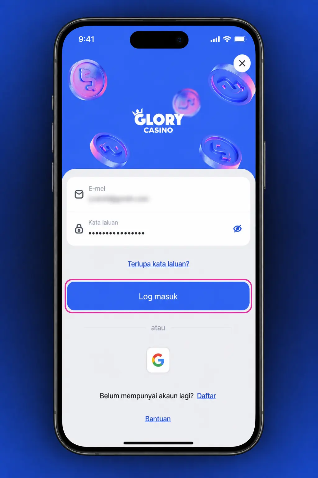 Glory Casino log in screen showing secure sign in fields with SSL encryption and two factor authentication option