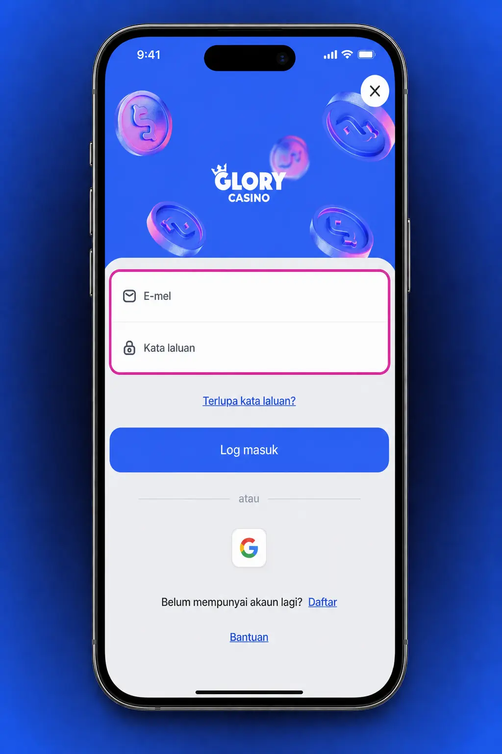 Glory Casino app login screen showing email, password fields and biometric access option for quick sign-in.