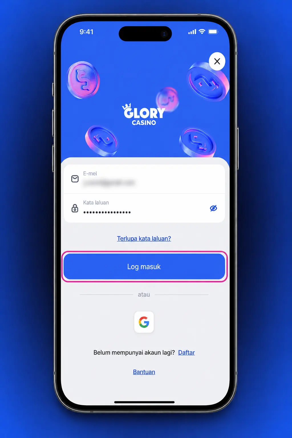 Glory Casino app login screen showing email, password, and OTP fields with biometric access option