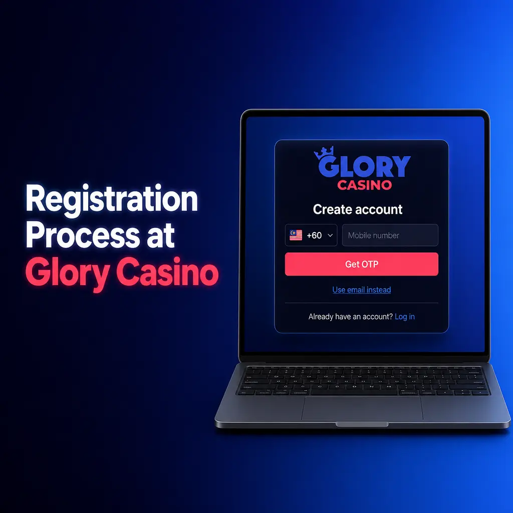 Glory Casino registration form showing sign-up steps for sports betting, casino games, and welcome bonus in Malaysia.