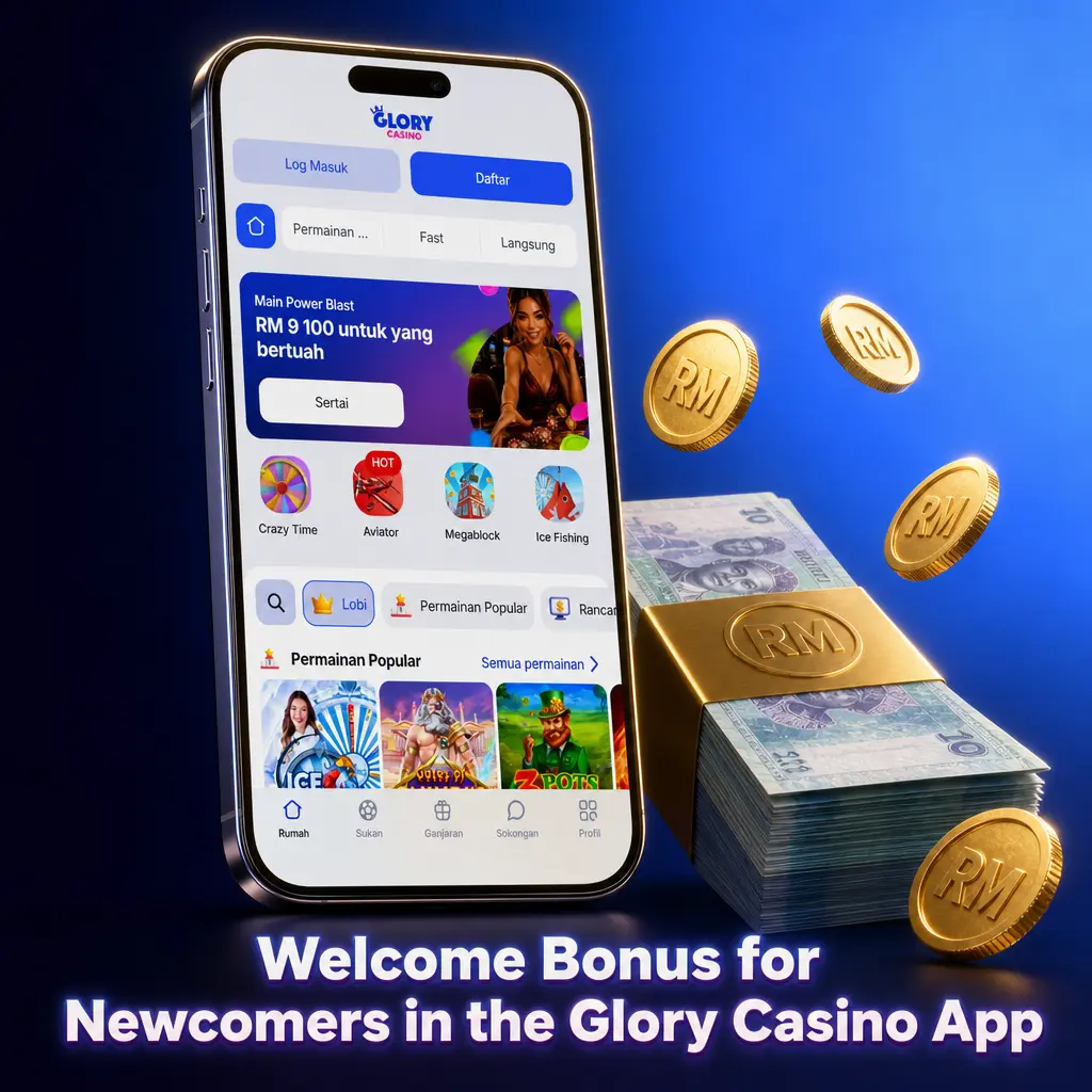 Glory Casino app welcome bonus: 100% match up to 1,300 RM plus 100 free spins on Book of Dead for new players.